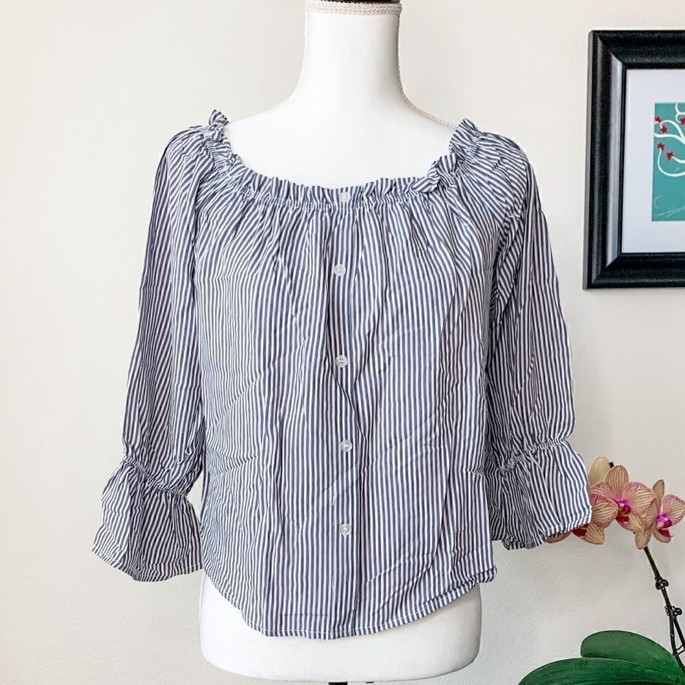 🍋 Button Down Striped Boho Peasant Top